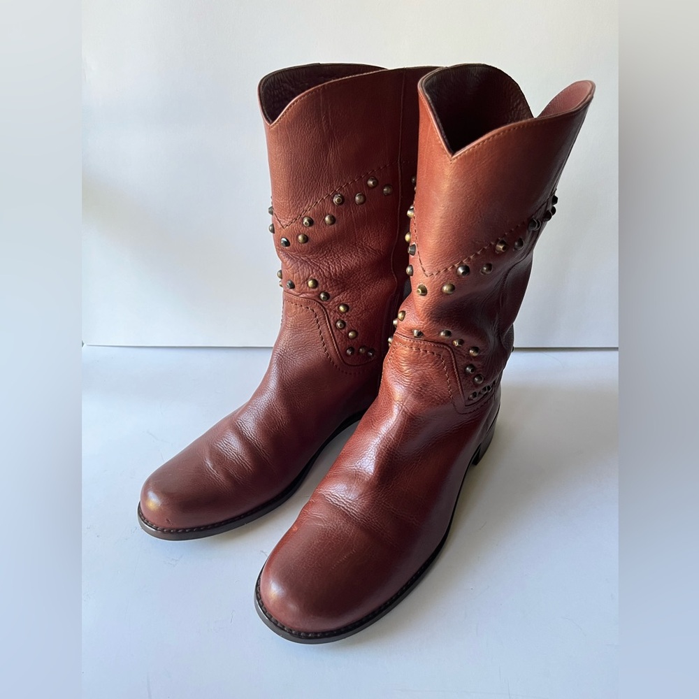 Stuart Weitzman 8.5 Leather Studded Cowboy Boot Burgundy Western Cottagecore